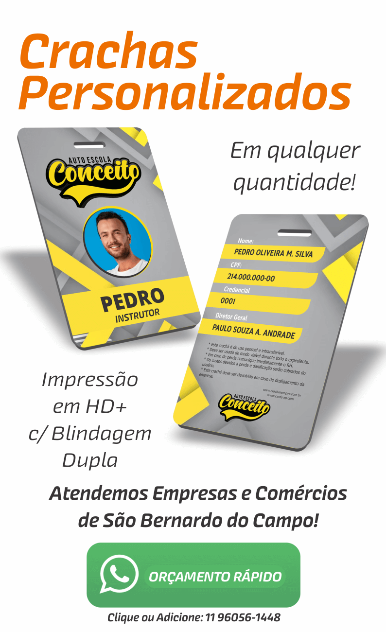 Produzimos crachás em PVC com alta durabilidade e acabamento profissional em São Bernardo do Campo. Peça já seu orçamento personalizado.